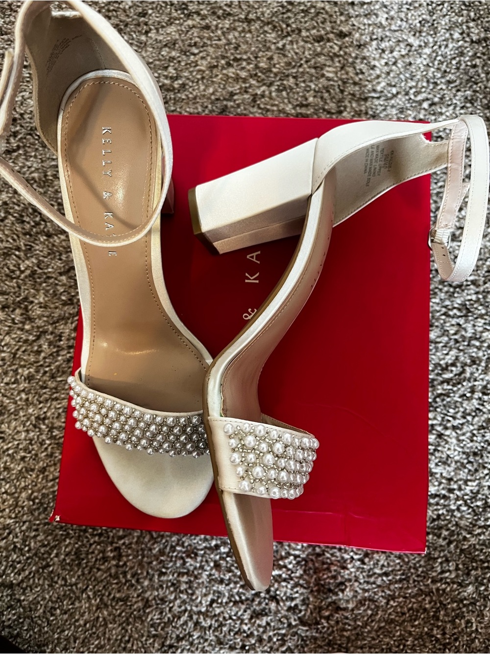 Kelly & Katie Pearl-Embellished Ivory Block Heel Sandals